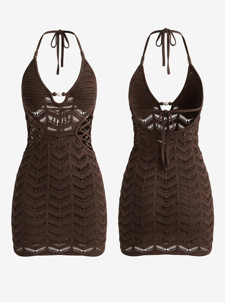 Vacation White Crochet Chevron Halter Mini Dress