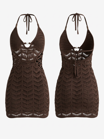 Vacation White Crochet Chevron Halter Mini Dress
