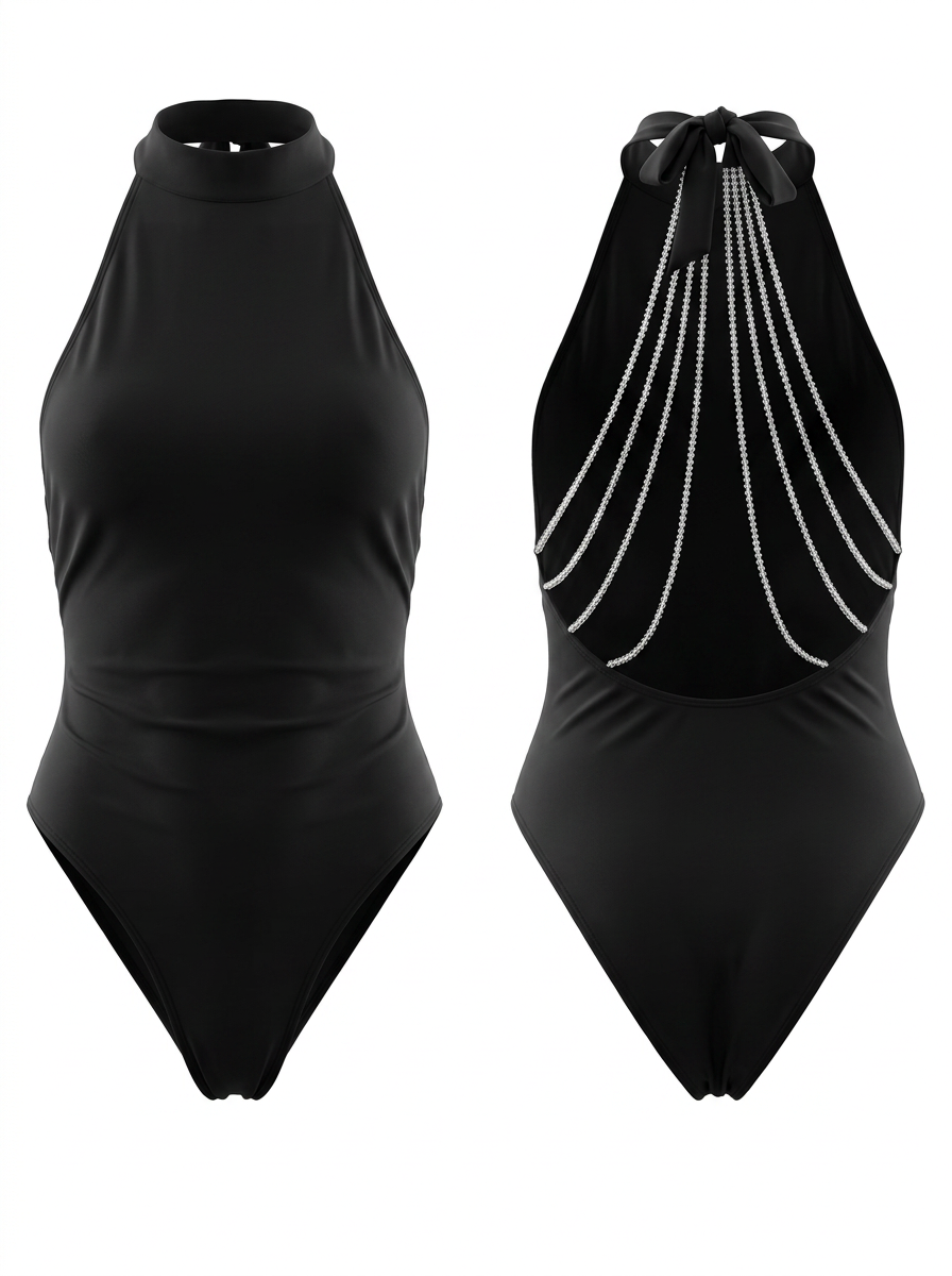 Shiny Striped Backless One-Piece Swimsuit Mesh Skirt 2 Piece Set