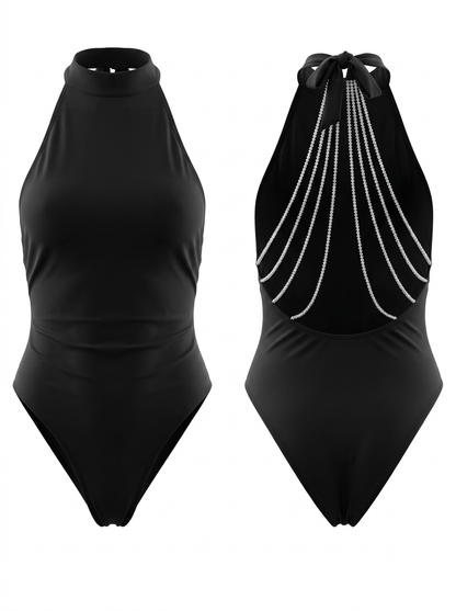 Shiny Striped Backless One-Piece Swimsuit Mesh Skirt 2 Piece Set