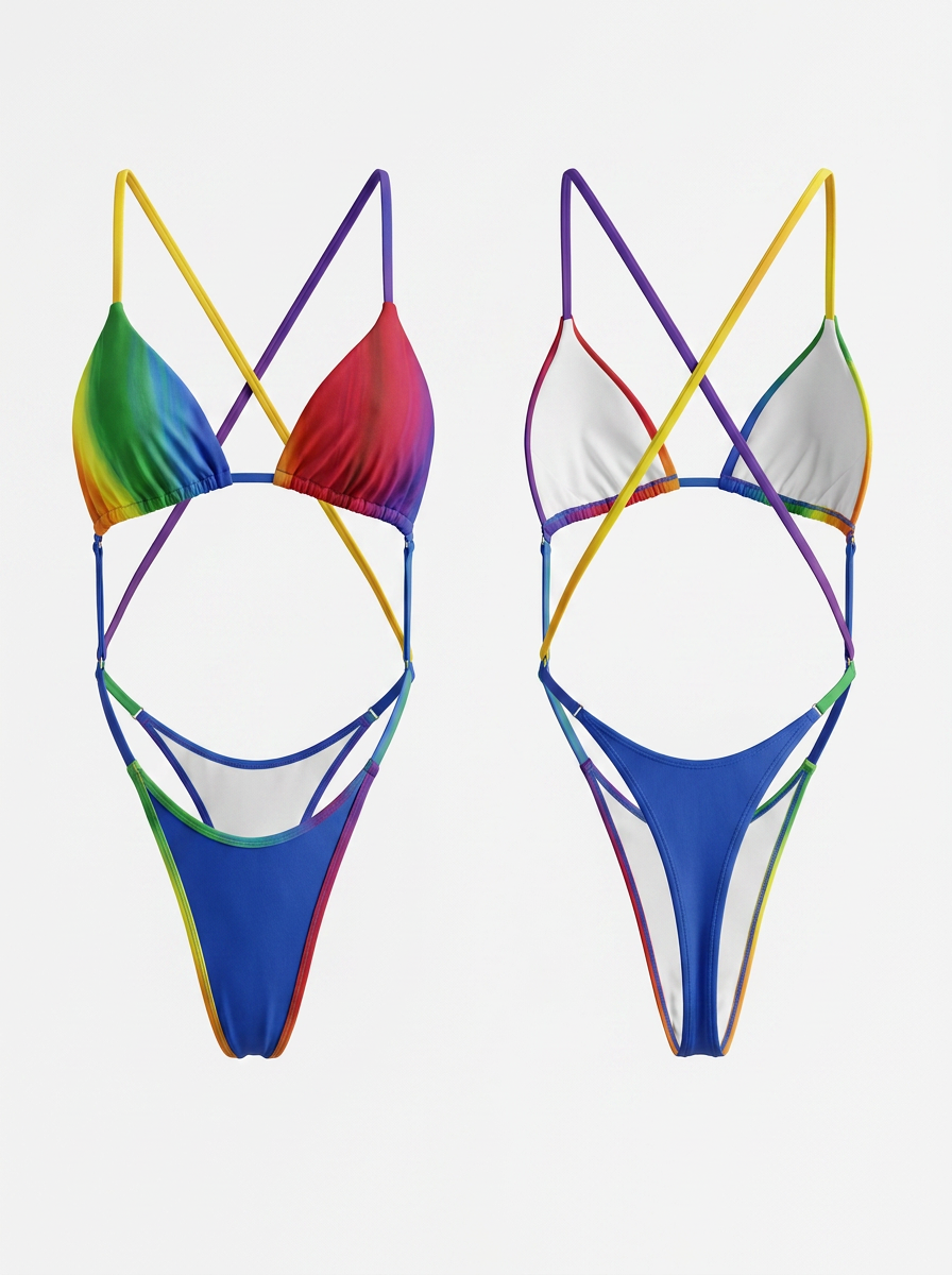 Rainbow Gradient Print Halter Tie-Side Bikini Set