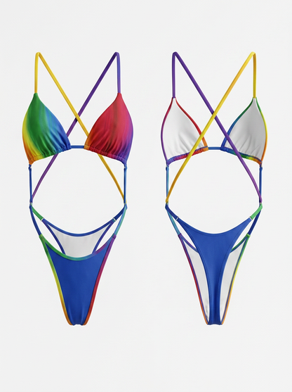 Rainbow Gradient Print Halter Tie-Side Bikini Set