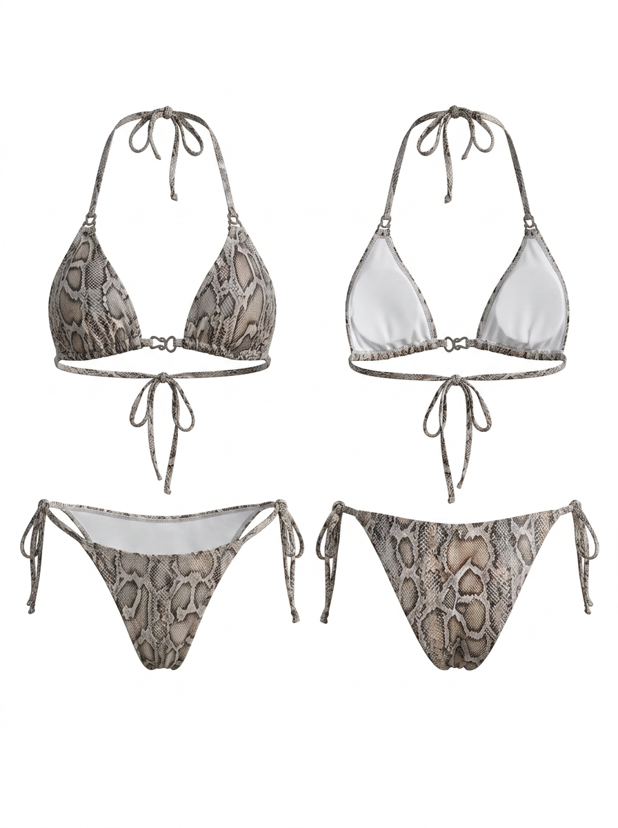 Snake Print Gold Hardware Halter Tie Side Triangle Bikini Set