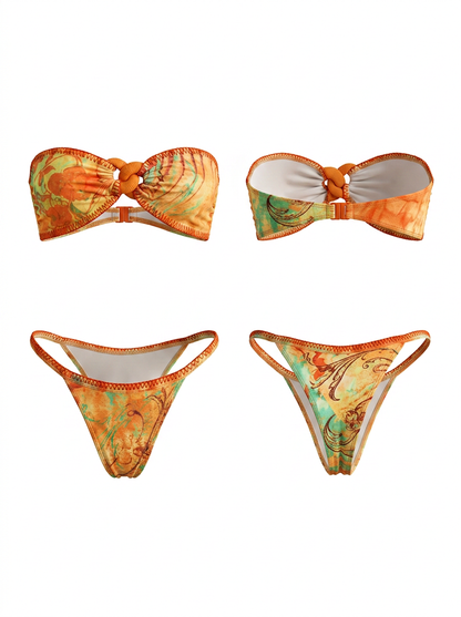 Tropical Print Knotted Bandeau Bikini 3-Piece Set with Sarong