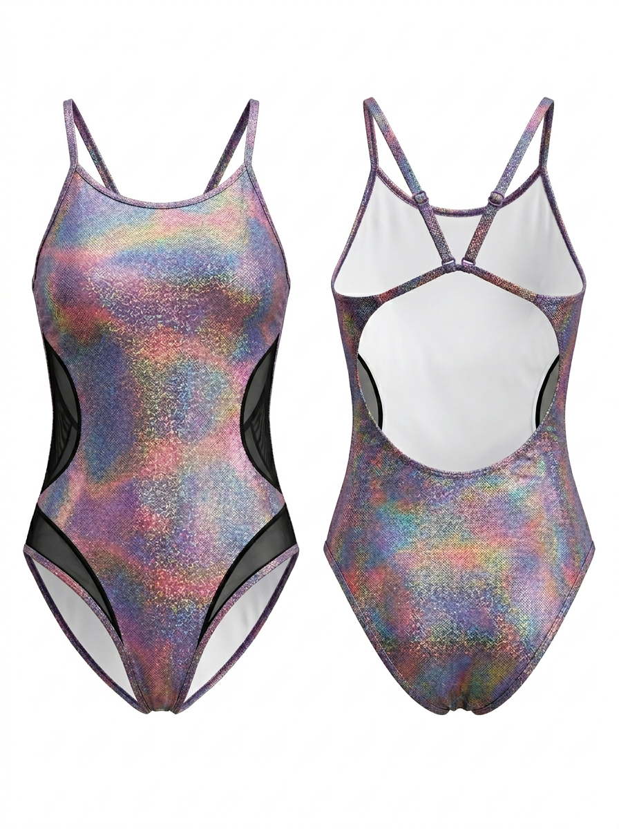 Holographic Glitter Mesh Cutout Backless One-Piece