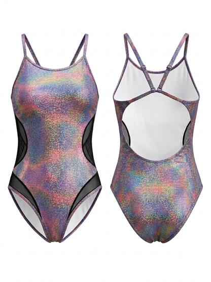 Holographic Glitter Mesh Cutout Backless One-Piece