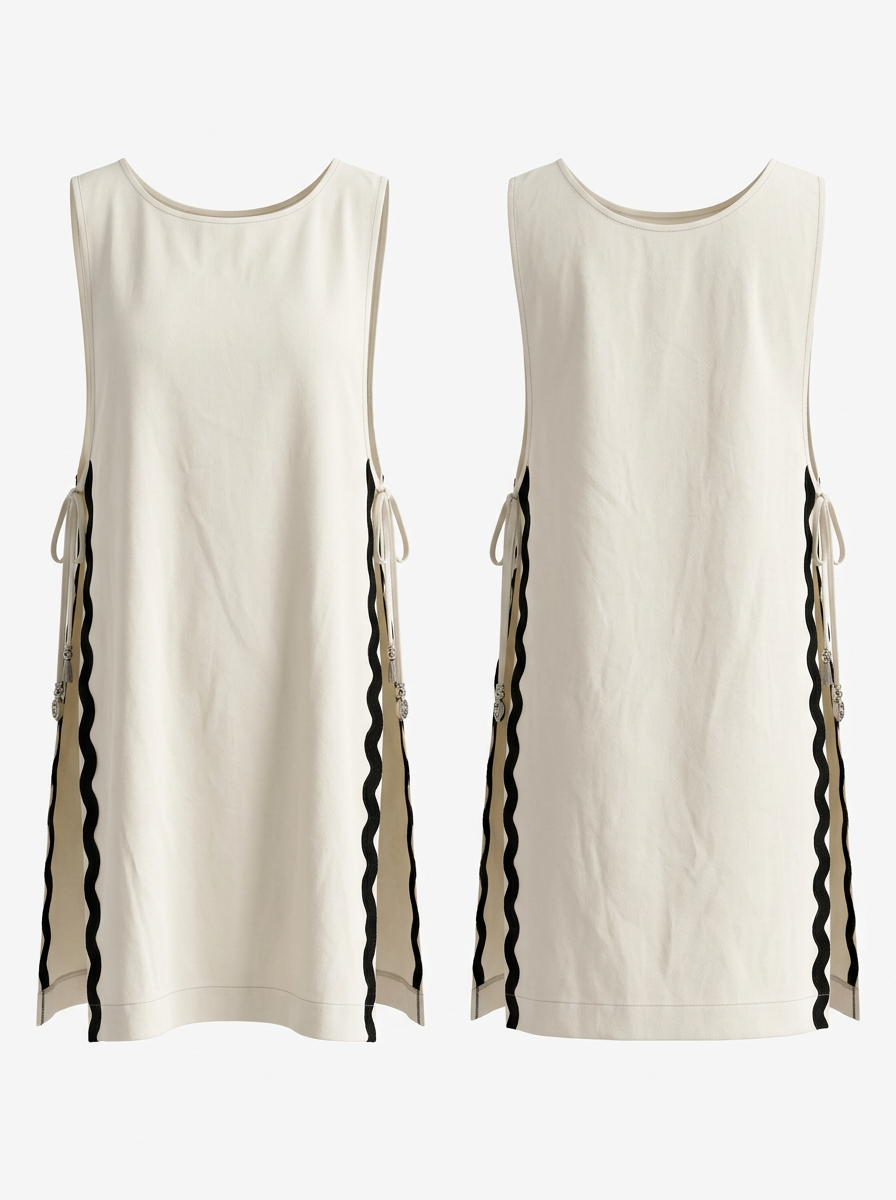 White Sleeveless Rickrack Trim Side Slit Beach Cover-Up Dress