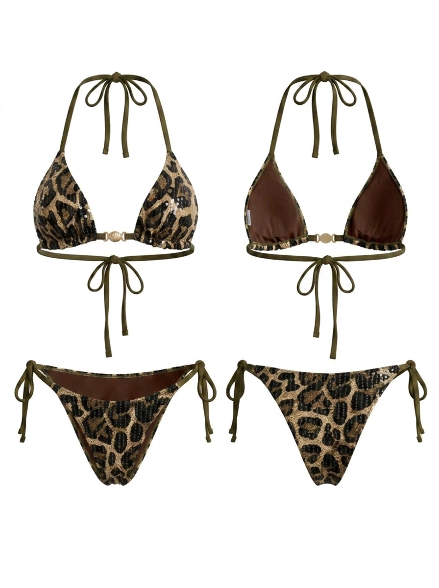 Glitter Leopard Print Thin Halter Bikini