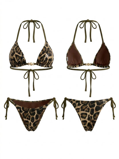 Glitter Leopard Print Thin Halter Bikini