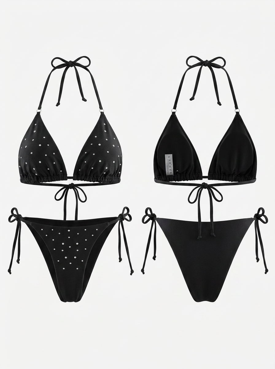 Sexy Wave Point Halter Drawstring Lace-up Bikini Set