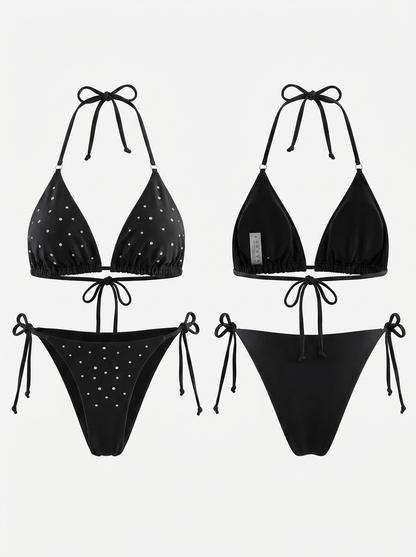Sexy Wave Point Halter Drawstring Lace-up Bikini Set