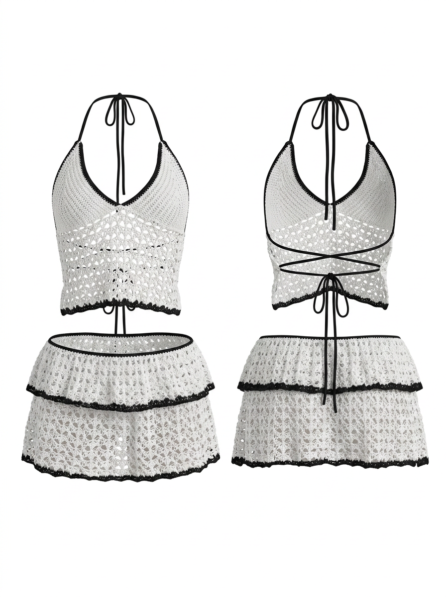 Vacation Black & White Crochet Halter Cropped Top & Skirt Cover-Up Set