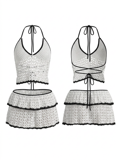 Vacation Black & White Crochet Halter Cropped Top & Skirt Cover-Up Set
