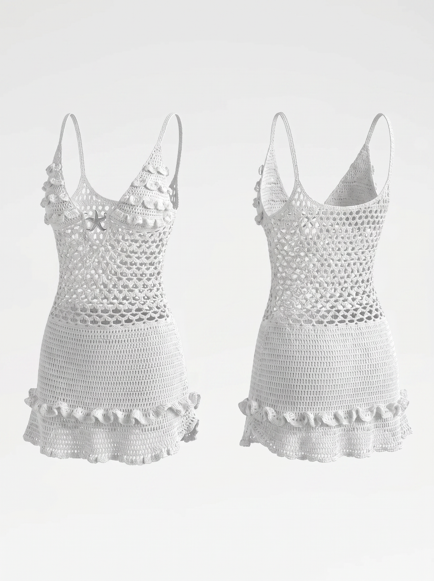 Vacation White Crochet Ruffle Trim Cutout Cover-Up Dress