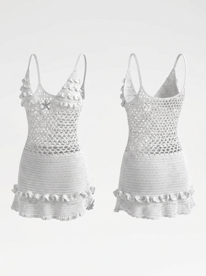 Vacation White Crochet Ruffle Trim Cutout Cover-Up Dress