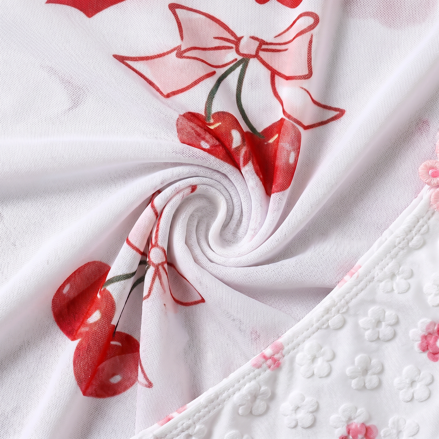 Cherry Print Mesh Top with Flower Tie-Side Bikini 3-Piece Set