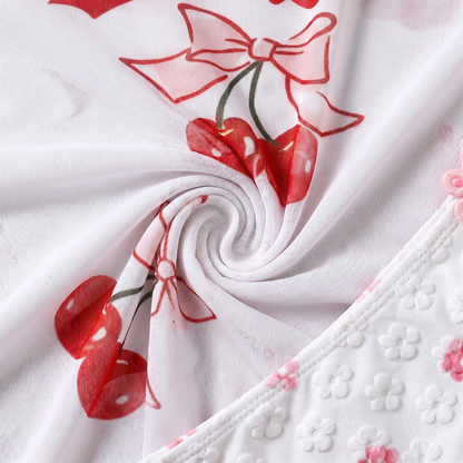 Cherry Print Mesh Top with Flower Tie-Side Bikini 3-Piece Set