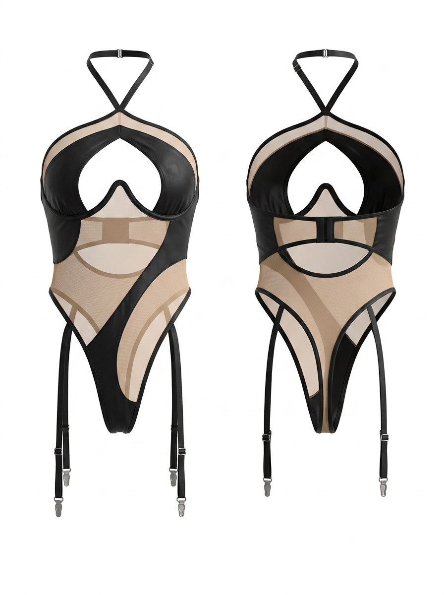 Sexy Sheer Mesh PU Cutout Bodysuit