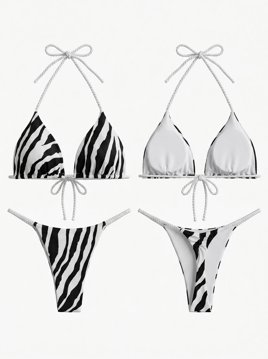 Zebra Print Rope Strap Halter Tie Side Triangle Bikini Set