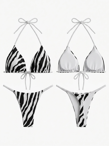 Zebra Print Rope Strap Halter Tie Side Triangle Bikini Set