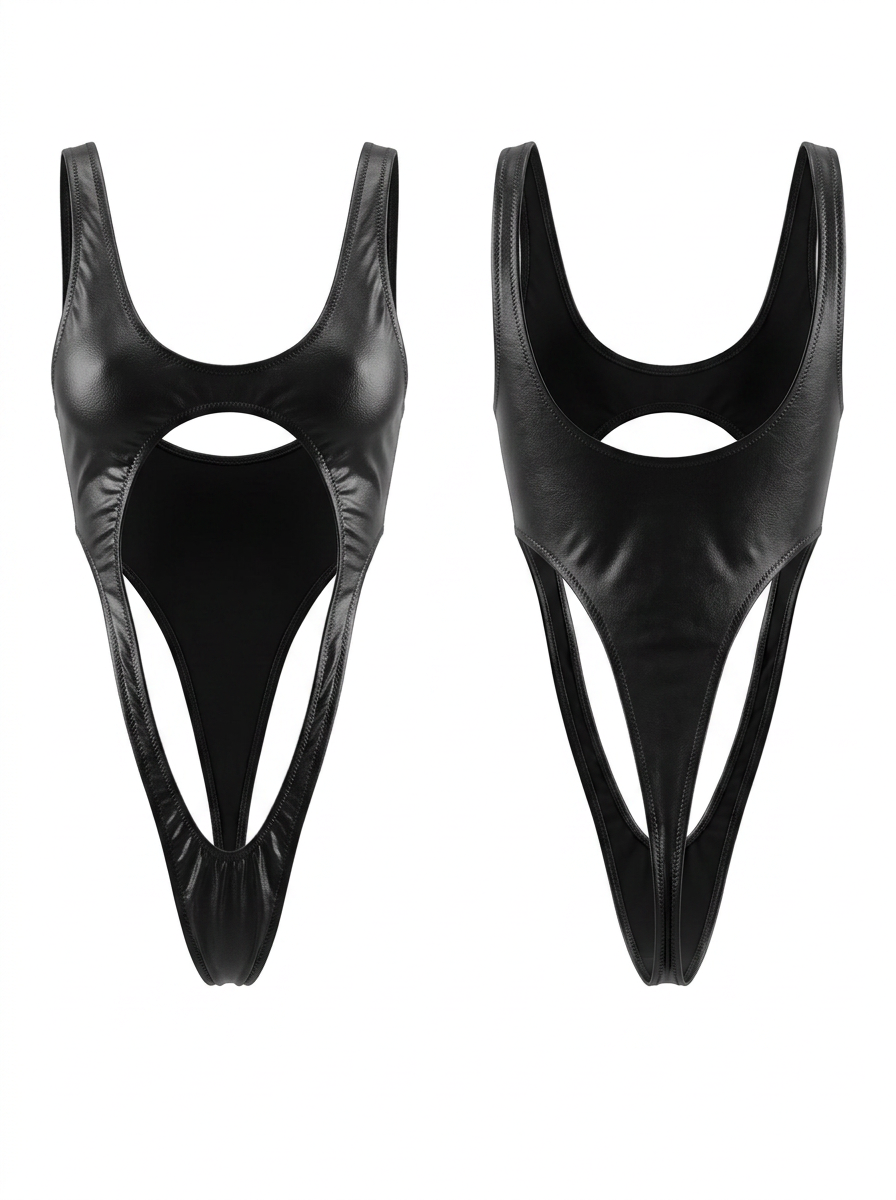 Female Sexy Faux Leather One Hollow Backless Out Piece