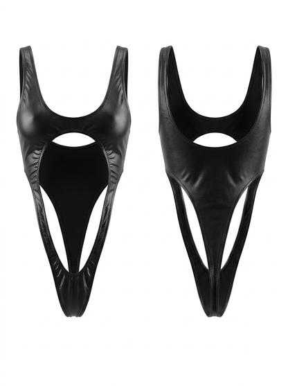 Female Sexy Faux Leather One Hollow Backless Out Piece