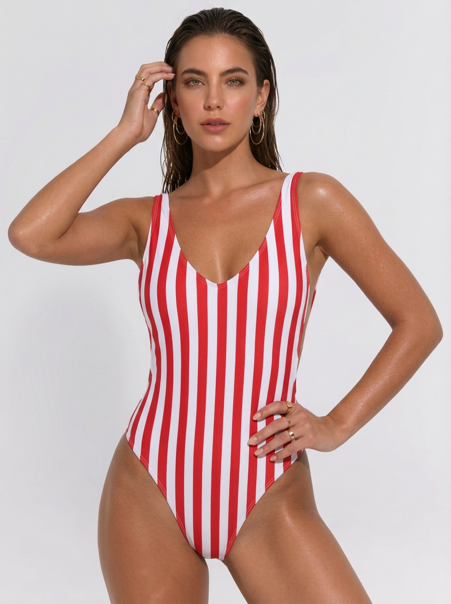Striped Open Back V-Neck One-Piece
