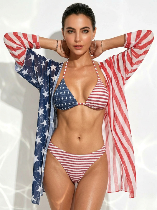 Asymmetric Printed Ruched Halter Bikini 3-Piece Set