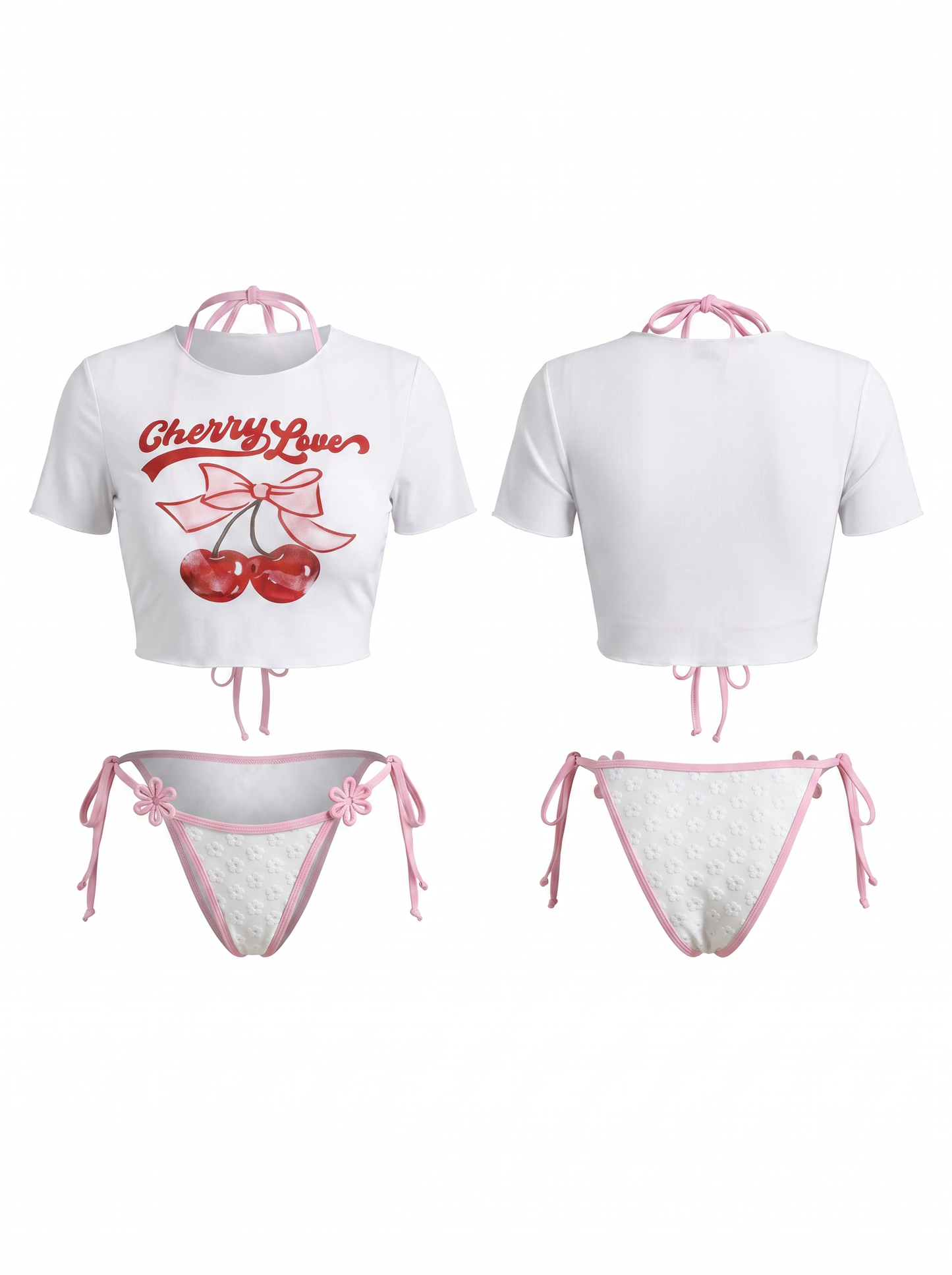 Cherry Print Mesh Top with Flower Tie-Side Bikini 3-Piece Set