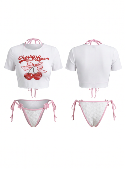 Cherry Print Mesh Top with Flower Tie-Side Bikini 3-Piece Set
