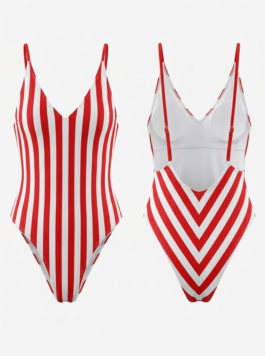 Striped Open Back V-Neck One-Piece