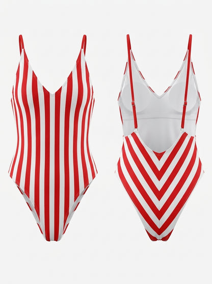 Striped Open Back V-Neck One-Piece