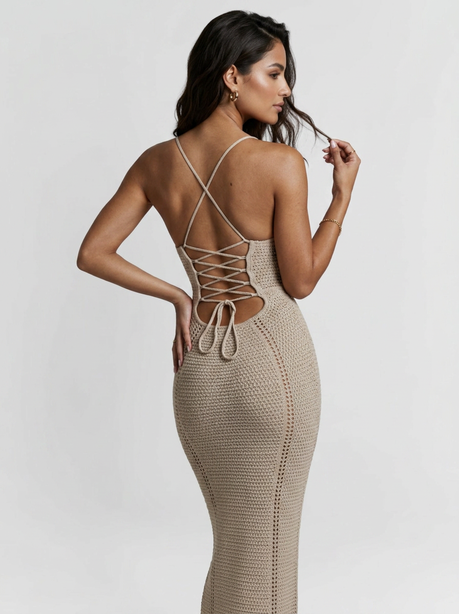 Vacation Beige Crochet Lace-Up Backless Beach Cover-Up Maxi Dress