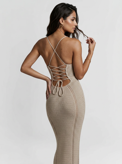 Vacation Beige Crochet Lace-Up Backless Beach Cover-Up Maxi Dress