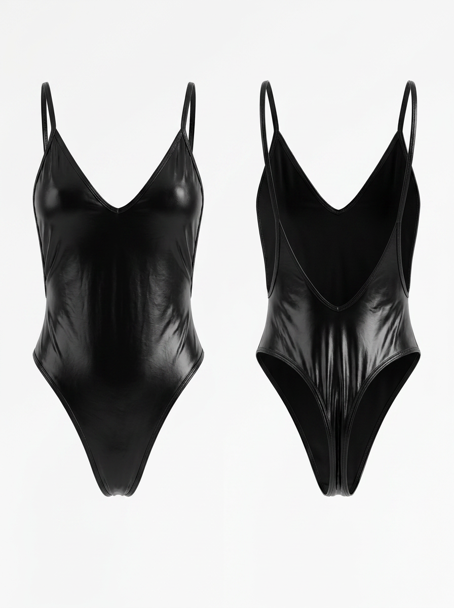 Faux Leather Glossy Backless One Piece