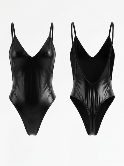 Faux Leather Glossy Backless One Piece