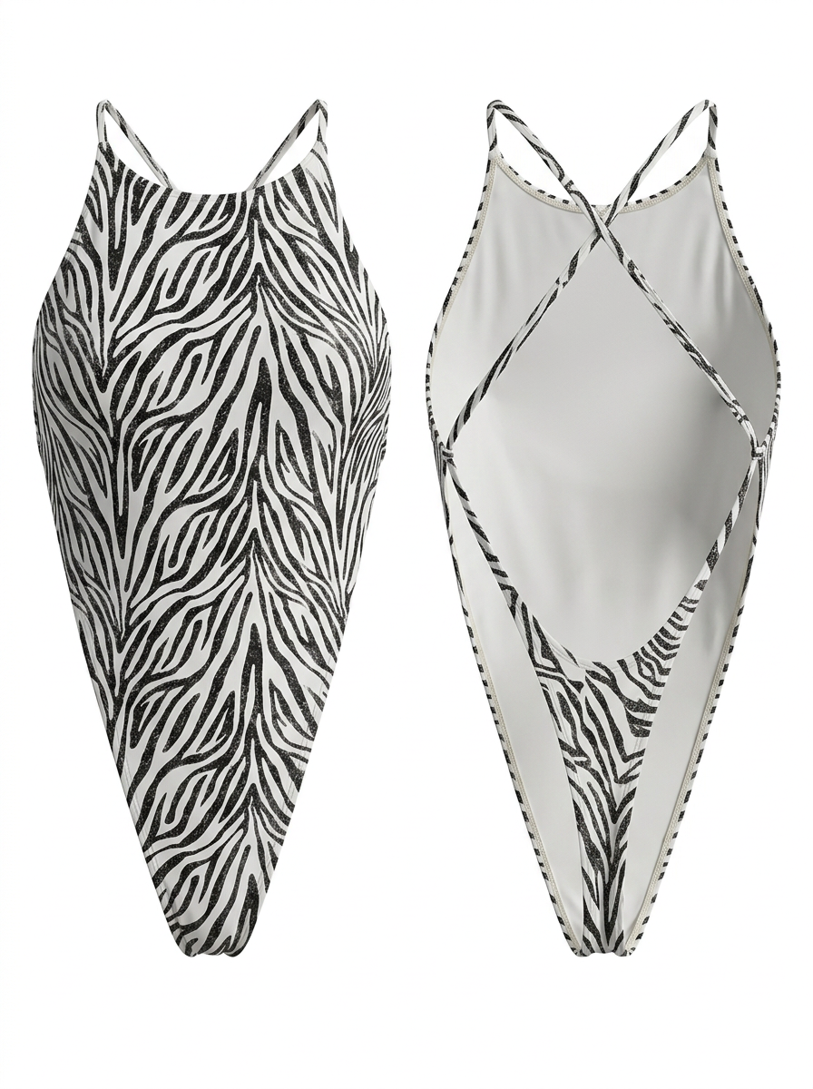 Silver Glitter Zebra Print High-Cut One-Piece
