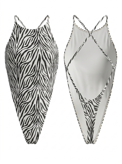 Silver Glitter Zebra Print High-Cut One-Piece