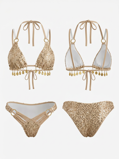 Luxury Mesh Sequin Bikini with Shell Tassel & Ring Hardware