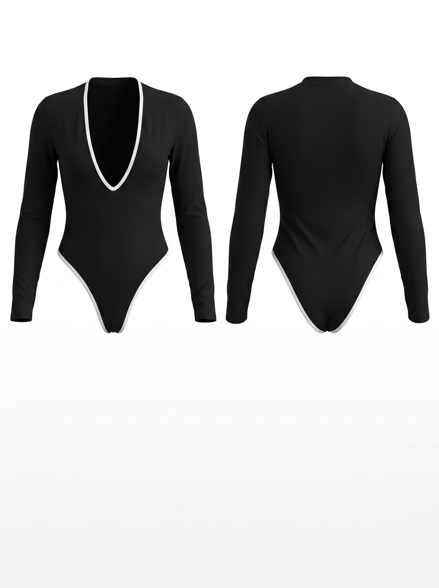 Deep V-Neck Long-Sleeve High-Elastic Bodysuit