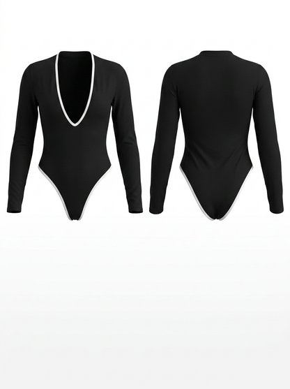 Deep V-Neck Long-Sleeve High-Elastic Bodysuit