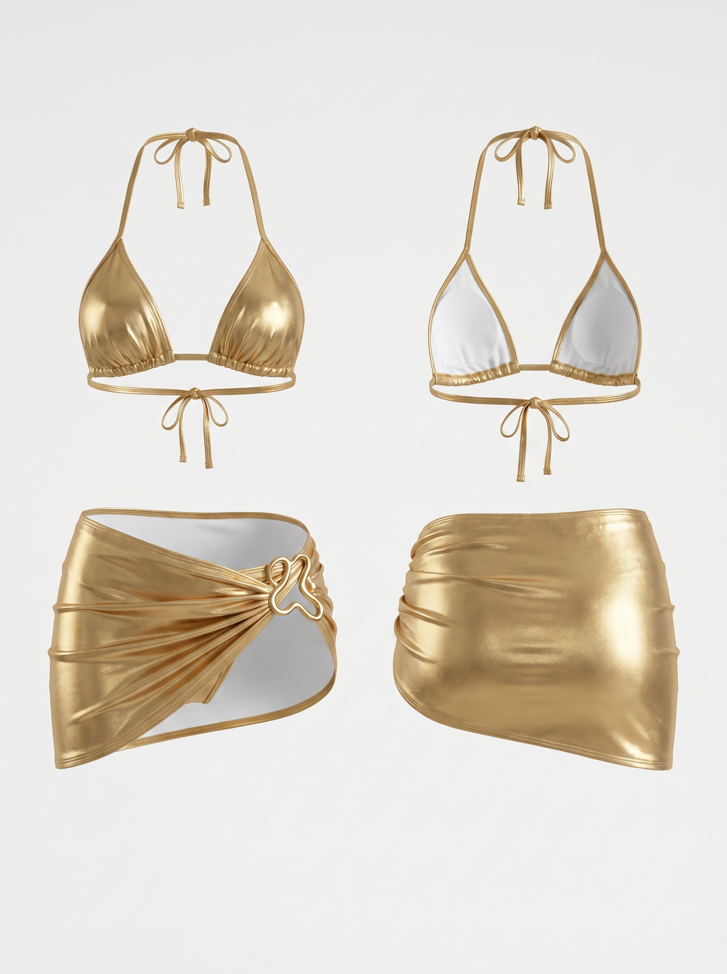 Metallic Gold Heart Ring Halter 3-Piece Bikini Set