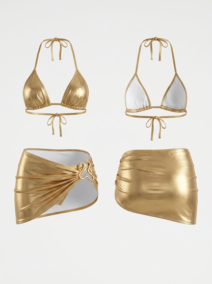 Metallic Gold Heart Ring Halter 3-Piece Bikini Set