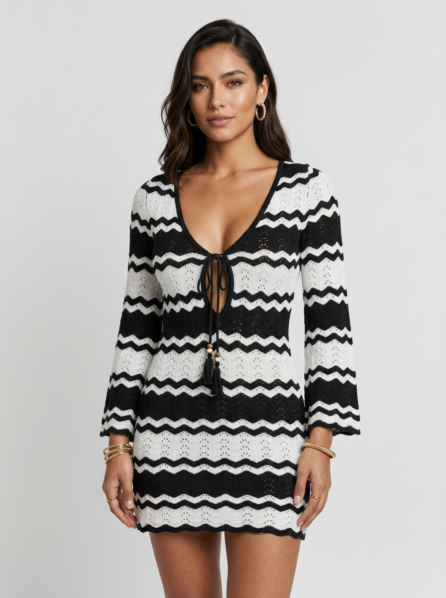 Vacation Chevron Crochet Openwork Long Sleeve Mini Dress