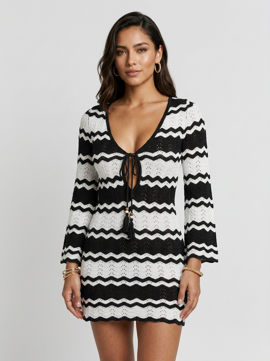 Vacation Chevron Crochet Openwork Long Sleeve Mini Dress