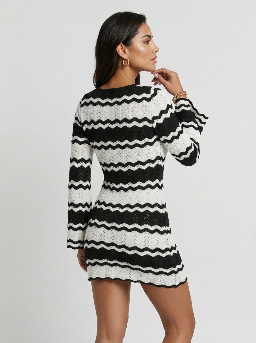 Vacation Chevron Crochet Openwork Long Sleeve Mini Dress