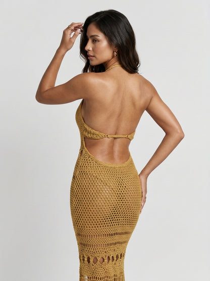 Gold Crochet Halter Deep V-Neck Fringe Slit Maxi Dress