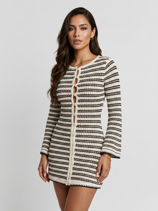 Beige-Brown Stripe Crochet Mini Dress with Bell Sleeves