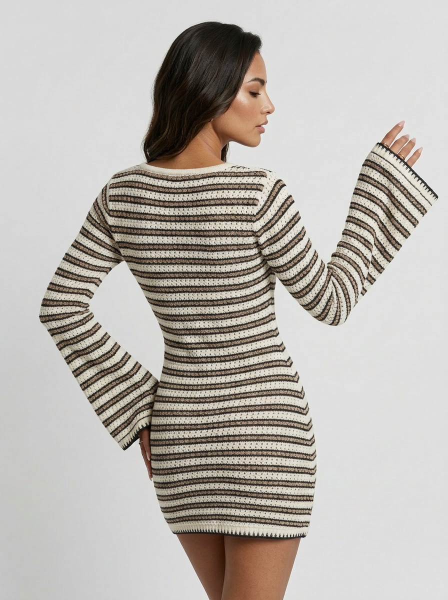 Beige-Brown Stripe Crochet Mini Dress with Bell Sleeves