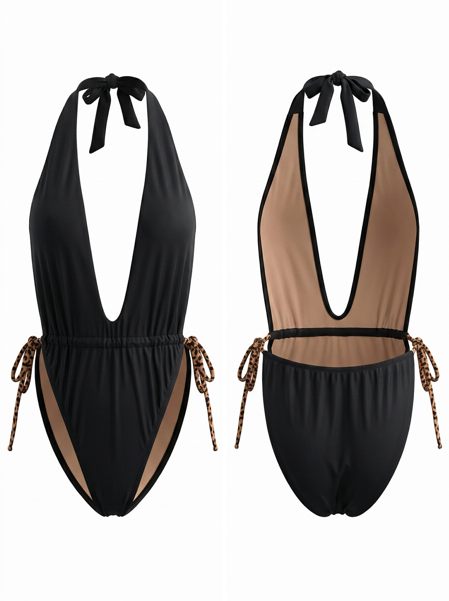 Black Deep V-Neck Halter One-Piece Swimsuit with Leopard Ties
